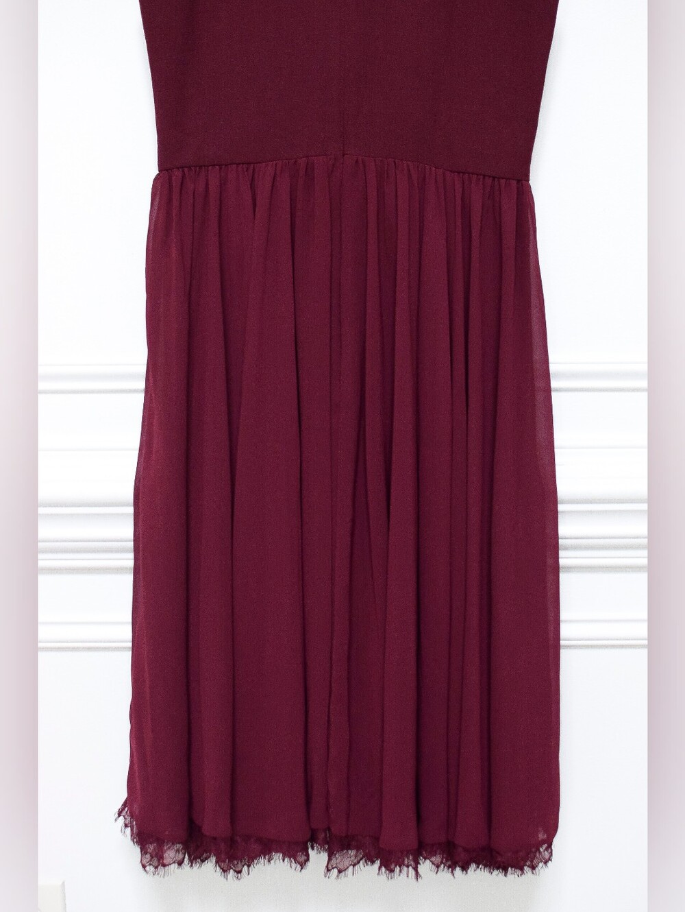 Dress The Population Alicia Dress Burgundy Chiffon Fit & Flare Lace Trim Size L - Picture 8 of 11